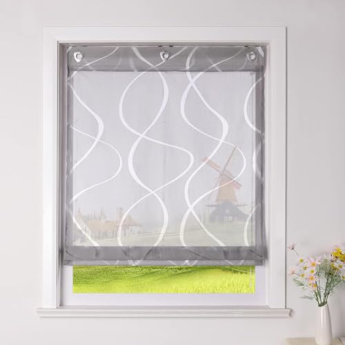 CORLIF Voile Ausbrenner Raffrollo ohne Bohren Küche B100 x H140 cm,Grau | Mit Hakenaufhängung,Mit Burnout-Wellenmuster,Raffgardine Landhaus,Transparent,Modern,Kurz Vorhang mit Haken