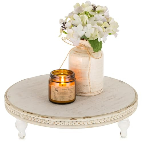 Hanobe Round Wood Display Risers: Beaded White Decorative Trays for Coffee Table Wooden Riser Farmhouse Pedestal Stand for Home Decor Candle Plant Cake Decorations Kitchen Bathroom