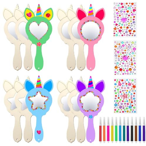 IWTBNOA 12 Stück Einhorn Basteln, DIY Holzspiegel Handwerk für Kinder, Mini Holz Einhorn Spiegel, Kinderspiegel Prinzessin Mini Handspiegel für Mädchen Junge Bastelset Mitgebsel Geschenk Party
