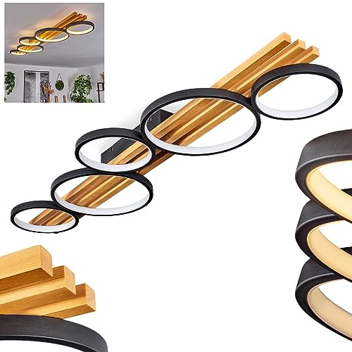 HOFSTEIN LED Deckenleuchte Rodekro, dimmbare Deckenlampe aus Metall/Holz in Schwarz/Naturfarben/Weiß, dimmbar über Lichtschalter, moderne Leuchte mit Holzbalken, 50 Watt, 3000 Kelvin, 5900 Lumen