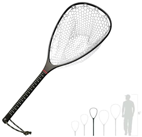 Riverruns Carbon Fiber Landing Net - Fly Floating Fishing Net with Soft Rubber Trout Net and Measuring Lines on The Handle - Lightweight and Durable（Long Handle/Black）