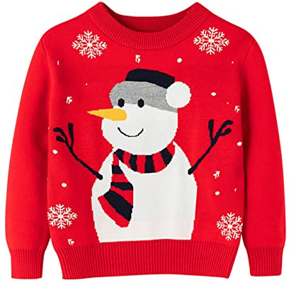 YCBMINGCAN Niños Navidad Dibujos Animados Muñeco de Nieve Estampados Jersey Manga Larga Cálido Suéter Punto Tops Sudadera, Rojo, 3-4 Años