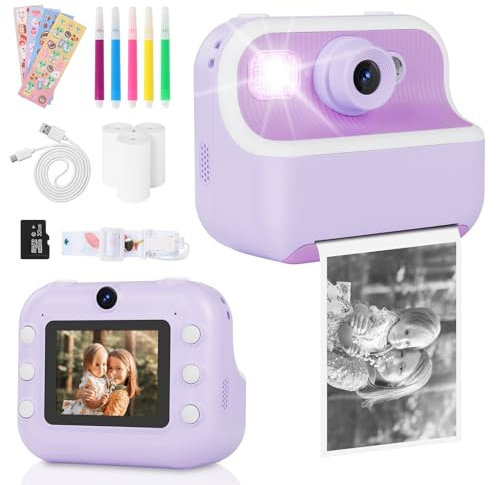 Kids Camera Camera Instant Print for Girls Boys With Print Photo Paper & Color Pens for DIY, Gifts for 3 4 5 6 7 8 9 10 Year Olds Girls Boys, 32Gb Sd Card -Purple