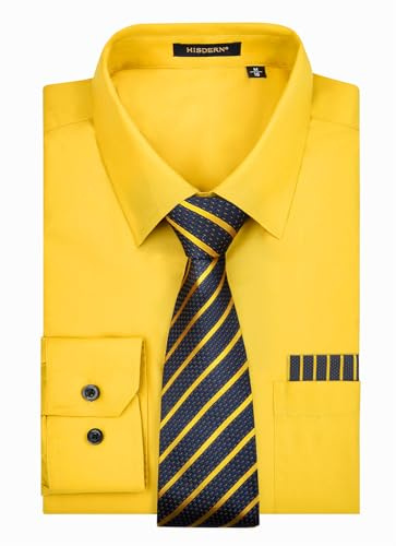 HISDERN Chemises Homme Manches Longues Jaune Chemises Habillée avec Cravate Regular Élégante Party Business S