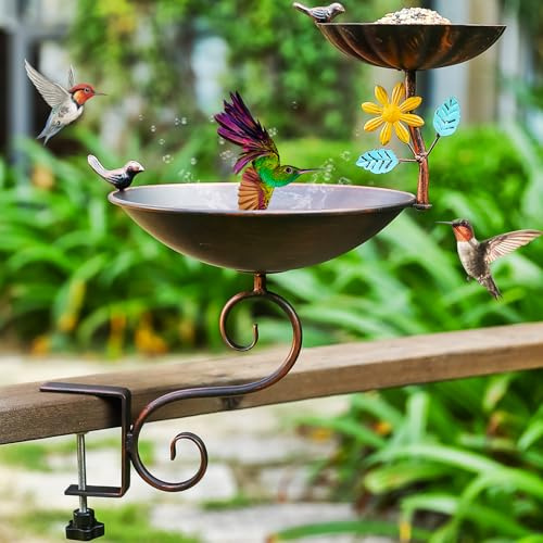 Aifeorzo Bain d'oiseaux monté sur le pont, bain d'oiseaux et mangeoire, bain d'oiseaux en métal et mangeoires pour balustrade de terrasse, bains d'oiseaux décoratifs antiques avec pince réglable