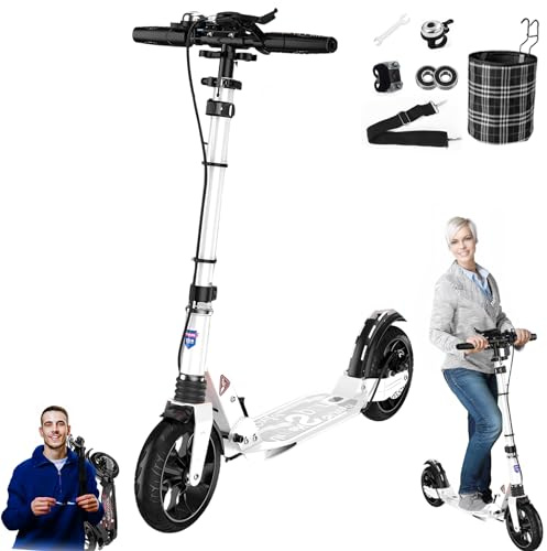 GHBXJX Weiß, Cityroller Luxus Tretroller Erwachsene 150 kg Tragkraft, 200mm Big Wheel Scooter mit Bremsen und Stoßdämpfern, ABEC 9 Kickboard Klappbar & Höhenverstellbar, Erwachsene und Kinder