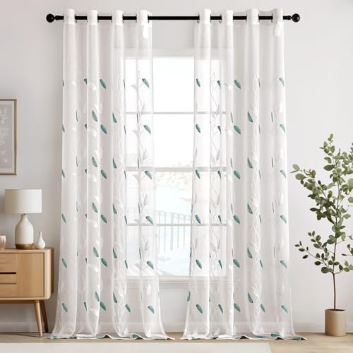 EMEMA Tenda in Voile per Soggiorno con Occhielli, Motivo di Foglie Trasparenti, Ricamo Elegante, Set da 2, Tendaggi Moderni per Camera da Letto, Dimensioni 260 x 140 cm, Foglie Blu