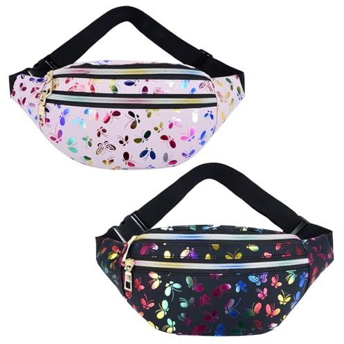 DKDDSSS 2 Stück Damen Wasserdichte Gürteltasche, Glitzer Schmetterlingsdruck Mode Bauchtasche für Reise und Wandern