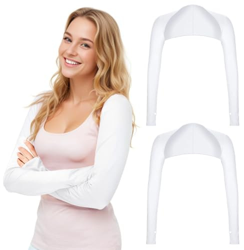 Yolev 2 Stück UV-Schutz Bolero Damen Sonnenschutz Schal Armstulpen Eisseide Kühlschal Armmanschetten mit Fingerlöchern Fingerlose Handschuhe Ärmel (Weiß)