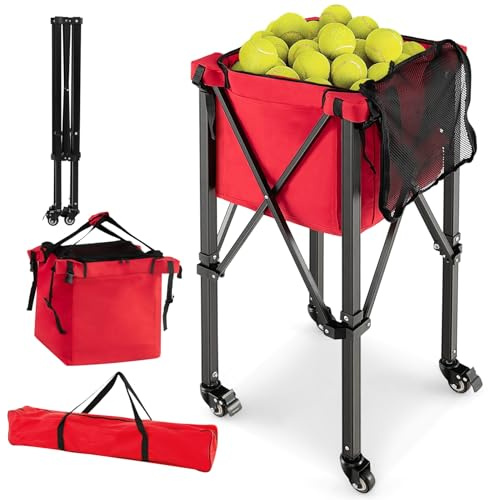 LIFEZEAL Carrello per Palline Tennis, Cestino Rimovibile da Tennis con Ruote Frenate, Max 150 Palline, Cesto Pieghevole con Borsa da Trasporto, Contenitori per Campo da Tennis e Parco Giochi