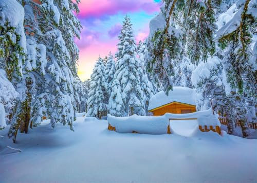 CORFOTO 1.5x1.2m Winterlandschaft Hintergrund verschneiten Wald Sonnenuntergang rosa Wolke verschneite Weihnachtslandschaft Fotografie Hintergrund Winter Weihnachtsdorf Dekor Requisiten