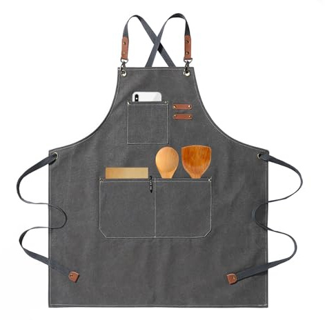 HIUOUIH Grembiule Cucina Grembiule Barbecue Uomo Regolabile Grembiule da Lavoro Donna con 3 Tasche Grembiuli in Tela Chef per Ristorante Bar Ristorante Pittura, Grigio