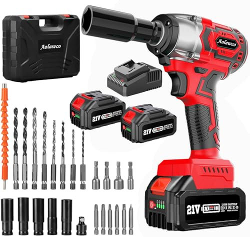 Aolawco 29 IN 1 Akku Schlagschrauber mit 2 x 21V Lithium Batterie, 350N.m Elektro Schlagschrauber für Auto Reifenwechsel mit 5 Stecknüsse, 4 Schrauben, 4 Bohrern, Schnellladegerät, für Haus und Auto