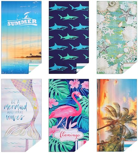 Casa Platino Beach Towels 6-Pack Extra Large – 32x71 Sand-Free, Quick-Dry & Lightweight – Double-Sided Printed Pool, Swim & Travel Towels for Adults, Kids, Camping & Beach Essentials – Henley