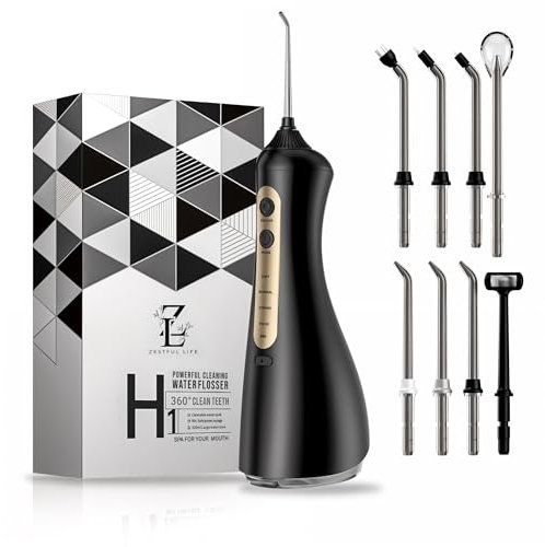 Zestful Life Water Flosser Unique U-Shaped Tip, 8 Replacement Tips, 4 Modes Water flossers for Teeth Cordless, IPX7 Waterproof, Rechargeable Dental Water Flosser, 350ML Water Tank for Home & Travel