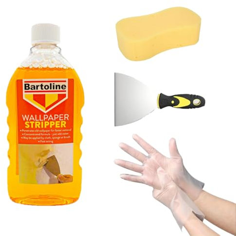 Wallpaper Remover Kit - Bartoline Wallpaper Stripper 500ml, 6 Inch Wide Scraper, Large Sponge, Gloves, Complete Bundle for Fast Removal, DIY Friendly