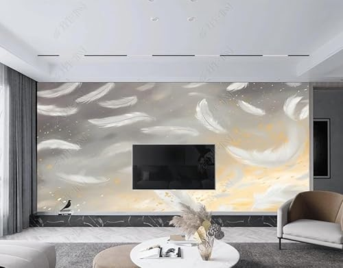 Papier Peint Intissé Plumes De Platine Poster Tableaux Muraux Tapisserie Photo Trompe L'Oeil Salon Chambre Art Mural 200Cm(L) X140Cm(H)