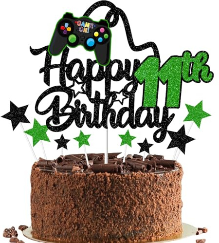 Gidobo Happy 11th Birthday Cake Topper for Boys, Green Glittery Video Game Cake Toppers Game On with Controllers for Eleven Years Old Birthday Party Supplies