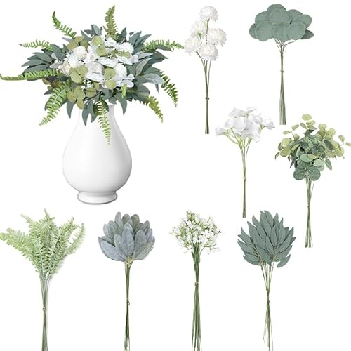 SUVEK 65 Stück Deko Blumen Künstlich, Kunstblumen Wie Echt & Zweige Set, Dekoblumen Fake Blumen, Plastikblumen für Trockenblumenstrauß, Hochzeit, Wohnzimmer, Tischdeko, DIY Arrangement
