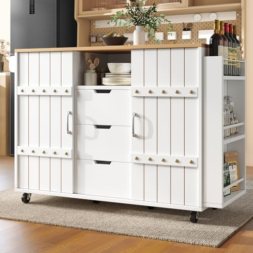 Wyibwy Carrello da cucina 110x42x90cm,isola da cucina su ruote con piano di lavoro pieghevole,isola da cucina con porta spezie e portasciugaman,carrello da pranzo con ante scorrevoli e cassetti,Bianco