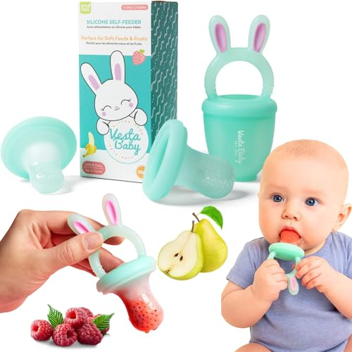 Vesta Baby Fruit Feeder – 2 Größen weiches Silikon gefrierbar frische Lebensmittel Knabber für sichere Säuglings-Selbstfütterung – Feste Nahrung Entwöhnung Schnuller & Beißring Set – Bunny Zahnen