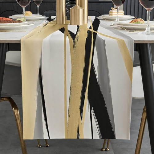 ViaElayu Runner Tavola Moderno Nero e Oro Astratto Punto Centro Tavola Autunnale Lavabile Invernale Boho Runner da Tavolo Centrini Moderni per Sala da Pranzo Festa Cucina 40 x 180 cm