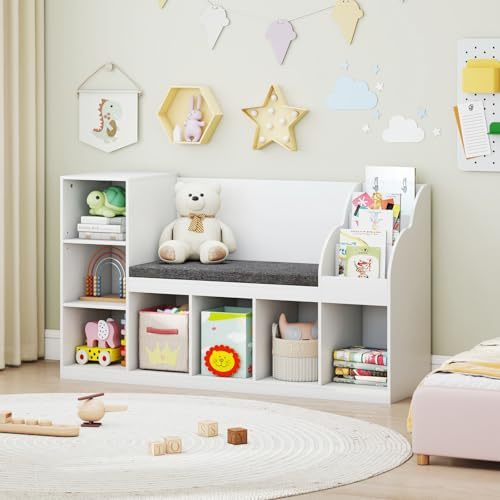 Costzon 53.5 Kids Bookshelf with Reading Nook, 3-in-1 Toy Storage Organizer w/Seat Cushion, 7 Storage Cubbies & Adjustable Shelf, Reading Nook with Bench for Kids Room, Playroom, Nursery, White