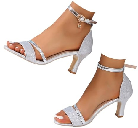 Generisch 2026 Sandalias de mujer con correa al tobillo Línea Boca de Pescado Tacón Medio Zapatos de mujer Club C, plata, 37 EU Ancho