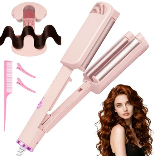 LOPHE Hair Wavers for Women,32mm Beach Waver Curling Wand with 10s Fast Heat & 4 Temp Settings 160-220°C Dual Negative Ion Ceramic Tourmaline Barrel for Frizz Free Waves All Hair Types Long Short Pink