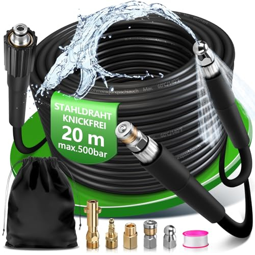 20m Rohrreinigungsschlauch 500 Bar für verstopfte Rohre und Abflüsse | Kompatibel mit Kränzle Kärcher K2 - K7 Easy!Lock TR22 HD/HDS Modellen mit TR22-Anschluss Rohrreinigungsset Hochdruckschlauch