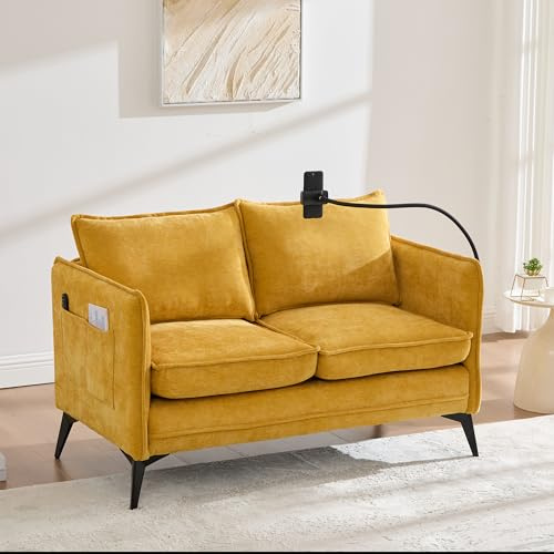 Bladez Modernes Doppelsofa aus Chenille-Stoff, Kleines 2 Sitzer Sofa Couch mit Handyhalterung und Seitentasche, für Wohnzimmer, Schlafzimmer, Balkon (Gelb)