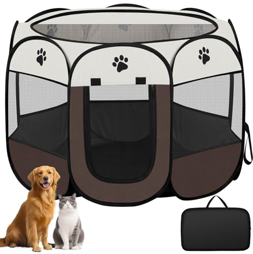 Hundkatt lekhage, hundvalp husdjur lekhage inomhus och utomhus, vikbar pop up katt kennel hundtält, husdjur lekhage med dragkedja toppskydd, bärväska för valpar, kattungar – kaffe S (74 x 74 x 43)