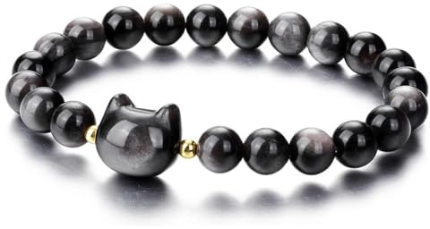 dinghaole Bracelet en Perles de Chat, Hematite & Cat Head Carving, Bracelet Extensible en Obsidienne Noire pour Attirer la Chance et L'argent Bijoux Chat pour Femmes et Hommes