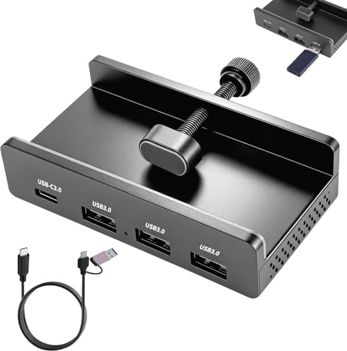 Hub USB 3.0 Aluminium avec Port d'alimentation 5V – 4 Ports USB (3X USB-A 3.0, 1x USB-C 3.0) à 5 Gbps, Câble de 150 cm (C vers A/C), Montage Clipsable, Compatible Ordinateurs, Moniteurs, Noir