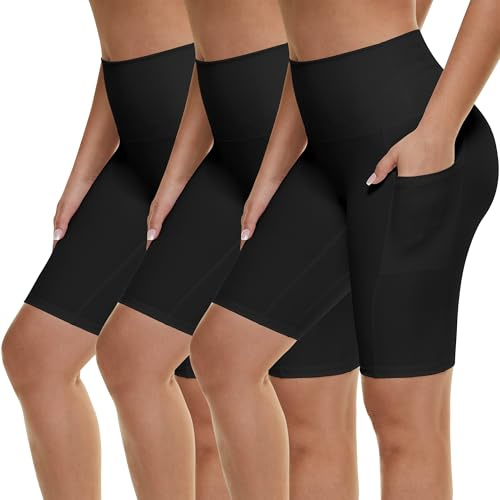 AMIYOYO 3 Pack Cycling Shorts Women High Waist Gym Shorts with Pockets | Ladies Tummy Control Stretchy Running Yoga Workout Leggings