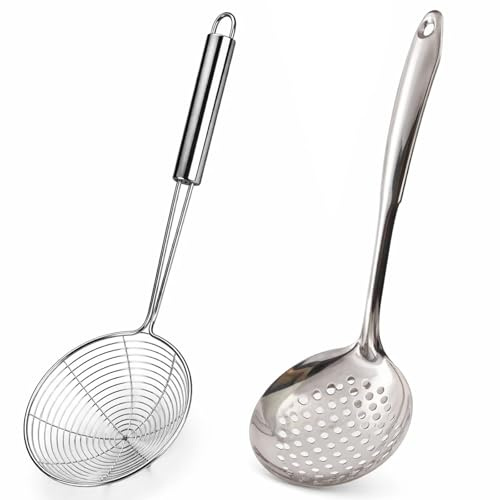 Schaumlöffel Set 2-teilig, Edelstahl Schaumkelle und Abseihlöffel, Professionelle Küchenutensilien für Braten Backen Kochen, Langlebige Kochlöffel mit Ergonomischem Griff