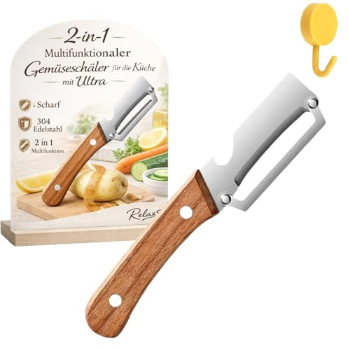 Multifunktionaler Gemüseschäler, 2-in-1 Premium-Schäler mit ultrascharfer Klinge für die Küche, Holzgriff mit integriertem Flaschenöffner für Obst und Gemüse (1 Stück)