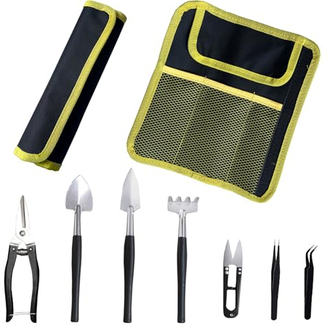 Juego de 8 herramientas para bonsái, tijeras precisas para bonsáis, rastrillo de raíces y pala con pinzas, bolsa enrollable portátil Oxford, para cortar, moldear, trasplantar y cuidar bonsái y plantas