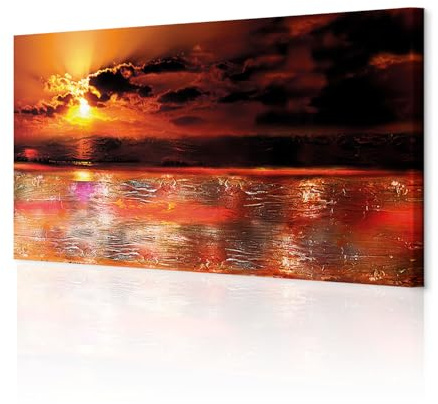 decomonkey Bilder Abstrakt 120x40 cm 1 Teilig Leinwandbilder Wandbild Meer | Strukturleinwand, Holzkeilrahmen, Bild auf Leinwand, Kunstdruck, Wanddeko, Wohnzimmer, Wanddekoration, Sonne, orangen, rot
