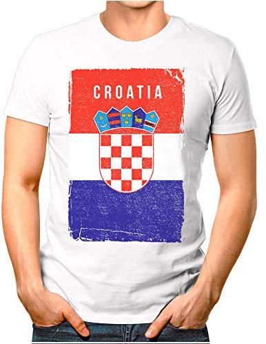 OM3® - Croatia-flagga vintage – herr t-shirt | Kroatien Hrvatska flagga fotboll fanshirt sport tröja | S – 4XL, Vit, XL