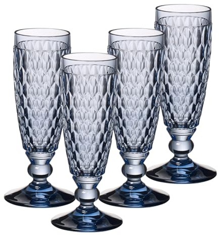 Villeroy & Boch Boston Coloured Champagne Glasses Blue Set of 4, 145 ml, Coloured Champagne Flutes with Facet Pattern, Crystal Glass for Champagne and Sparkling Wine, Dishwasher Safe, Blue
