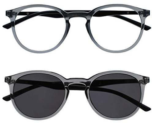 OPULIZE Met Doppelpack Lesebrille Mit Sonne Leser Groß Runden Grau Schwarz Herren Damen Federscharniere RS60-7 +0,00