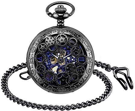 MICGIGI - Orologio da tasca unisex con catena, analogico, a carica manuale, stile retrò, cavo, Nero