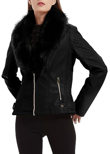 Giolshon Chaqueta de piel Sintética para Mujer, Abrigo Corto Cálido de Motociclista de Invierno con Cuero de piel Desmontable 9201 Negro XL