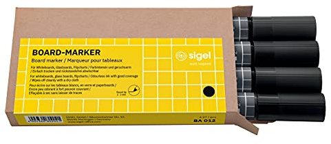 SIGEL BA012 set med 4 glas/whiteboard-markörer, raderbara, cap off-bläck, Ø 2–3 mm kulspetsar, svart