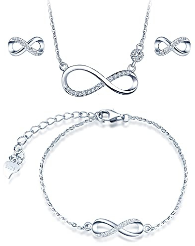 INFINIONLY Diamant Schmuck-Sets, Damen Mädchen Halskette Anhänger Armband Ohrring, 925 silber Halskette Armband Ohrring, Stilvolles Unendlichkeits symbol Schmuck-Sets, eingelegter zirkon, silber