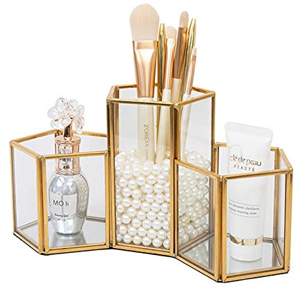 SLHEQING Make Up Organizer Gold, Schminktisch Organizer 3 Fach Pinselhalter, Glas Kosmetik Organizer, Schmink Organizer für Pinsel, Eyeliner, Stift, Lippenstift und mehr