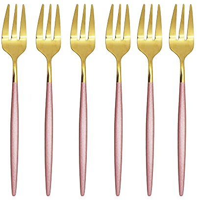 Gugrida Ceke Forks 6 Pieces Fruit Fork, 5.31 Modern Design Stainless Steel Tea Fork Set, Small Cake Fork, Fruit Forks For Parties Events Wedding Dishwasher Safe Gold Pink