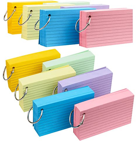 Tecmisse 600 Pieces Index Cards Rulded, Colorful Flash Cards 3 x 5 Index Card with Rings, Heavy Study Cards, Note Cards Punched for School Learning, Office and Home Uses (6-Color Thickened)