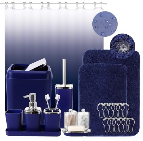 Juego de baño Azul Marino de 24 Piezas con Cortina de Ducha y Alfombra y Accesorios, Juegos de baño Azules completos con Cubo de Basura, dispensador de jabón, jabonera, Cepillo de Inodoro, Soporte
